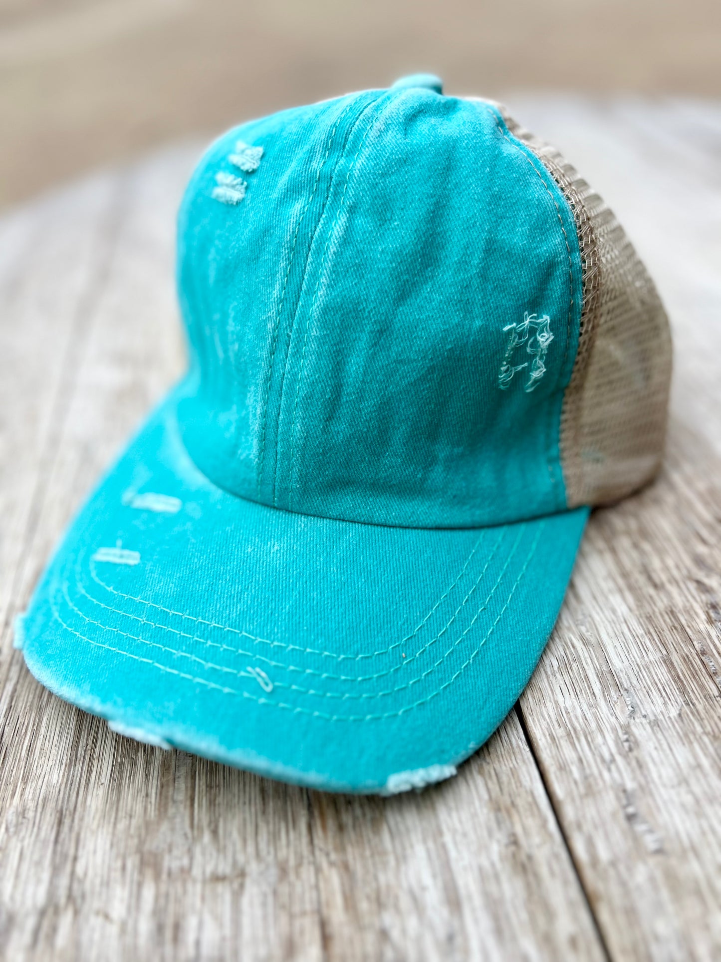 Criss-Cross Distressed Ponytail Hat
