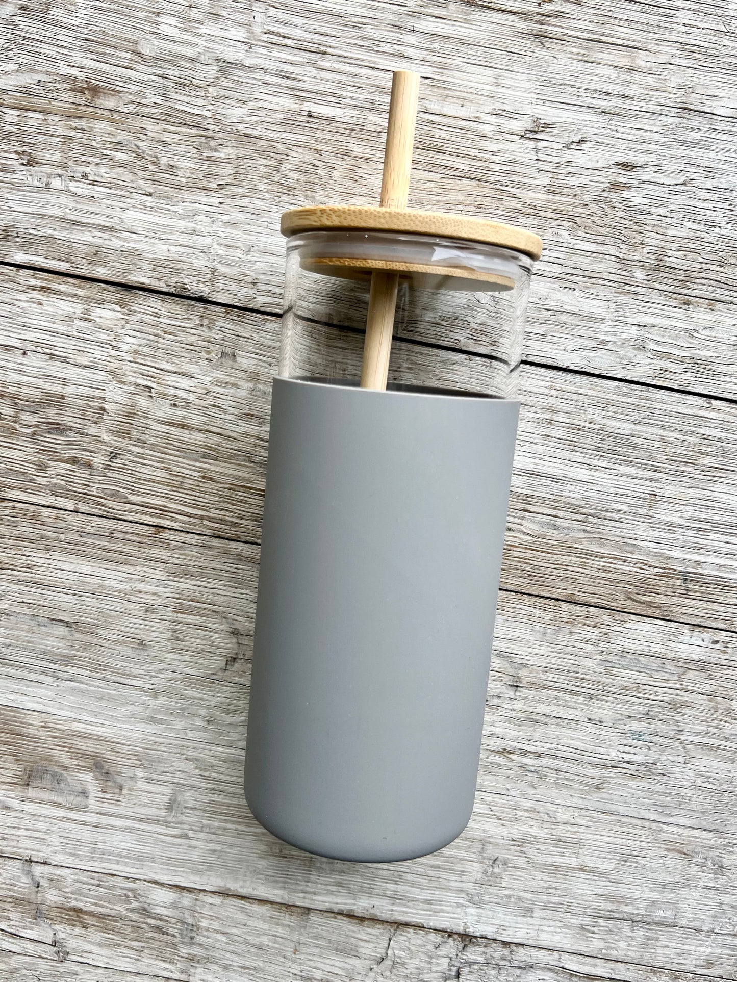 DISCONTINUED: Glass Tumbler w/Silicone Sleeve + Bamboo Lid/Straw