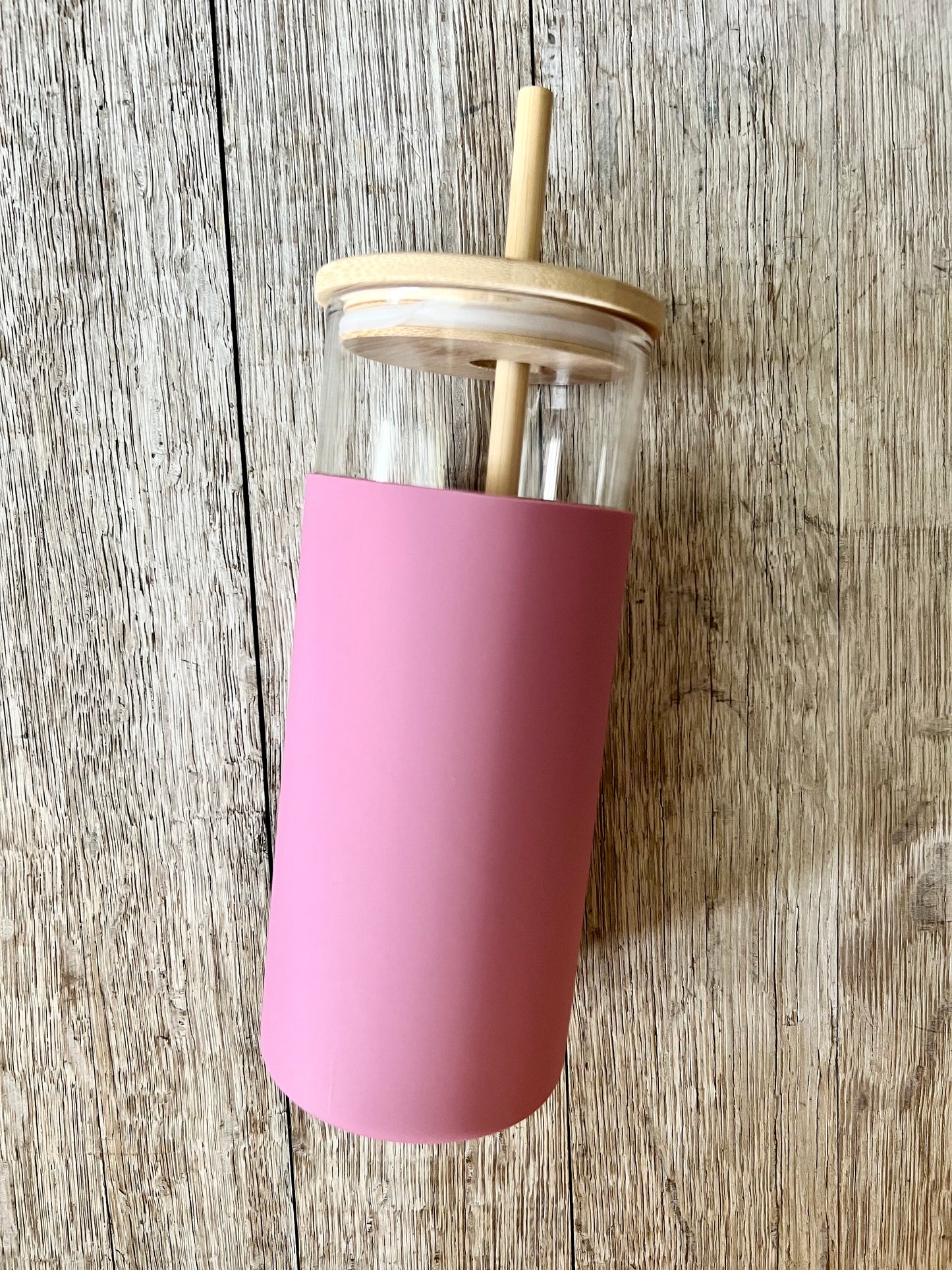 DISCONTINUED: Glass Tumbler w/Silicone Sleeve + Bamboo Lid/Straw