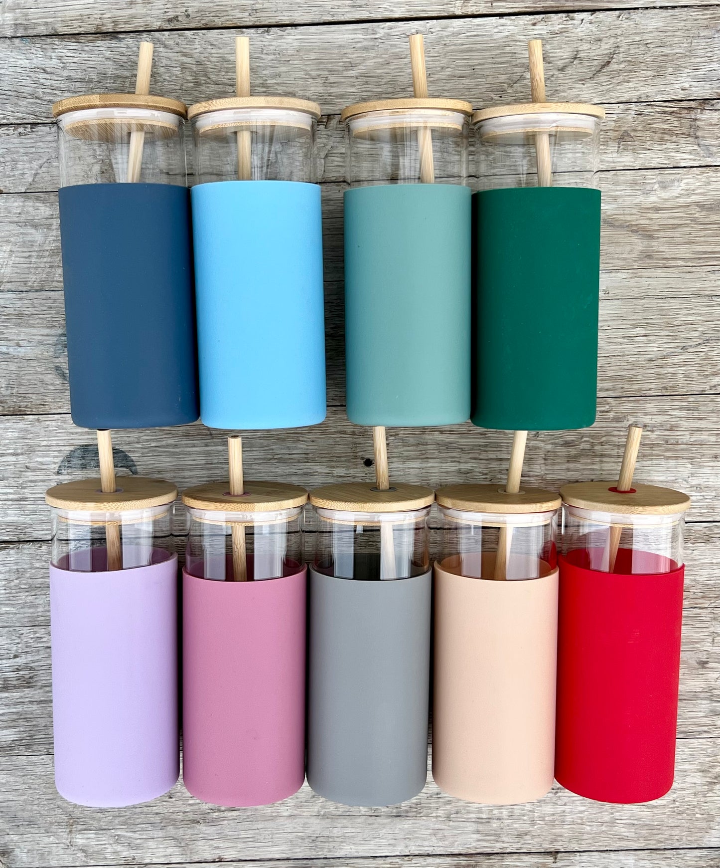 DISCONTINUED: Glass Tumbler w/Silicone Sleeve + Bamboo Lid/Straw