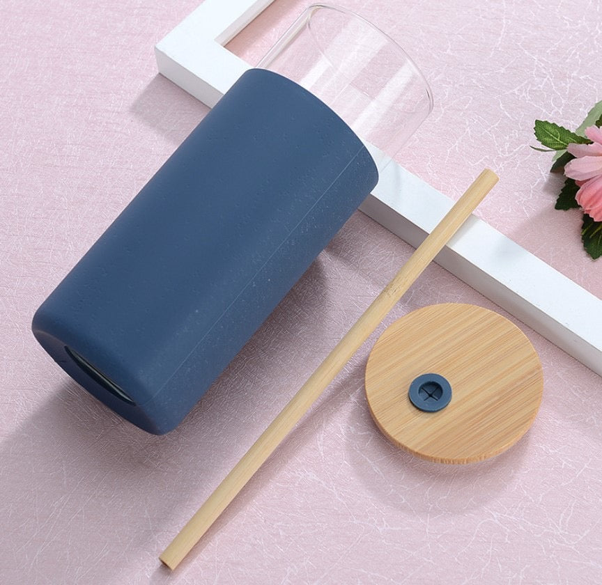 DISCONTINUED: Glass Tumbler w/Silicone Sleeve + Bamboo Lid/Straw