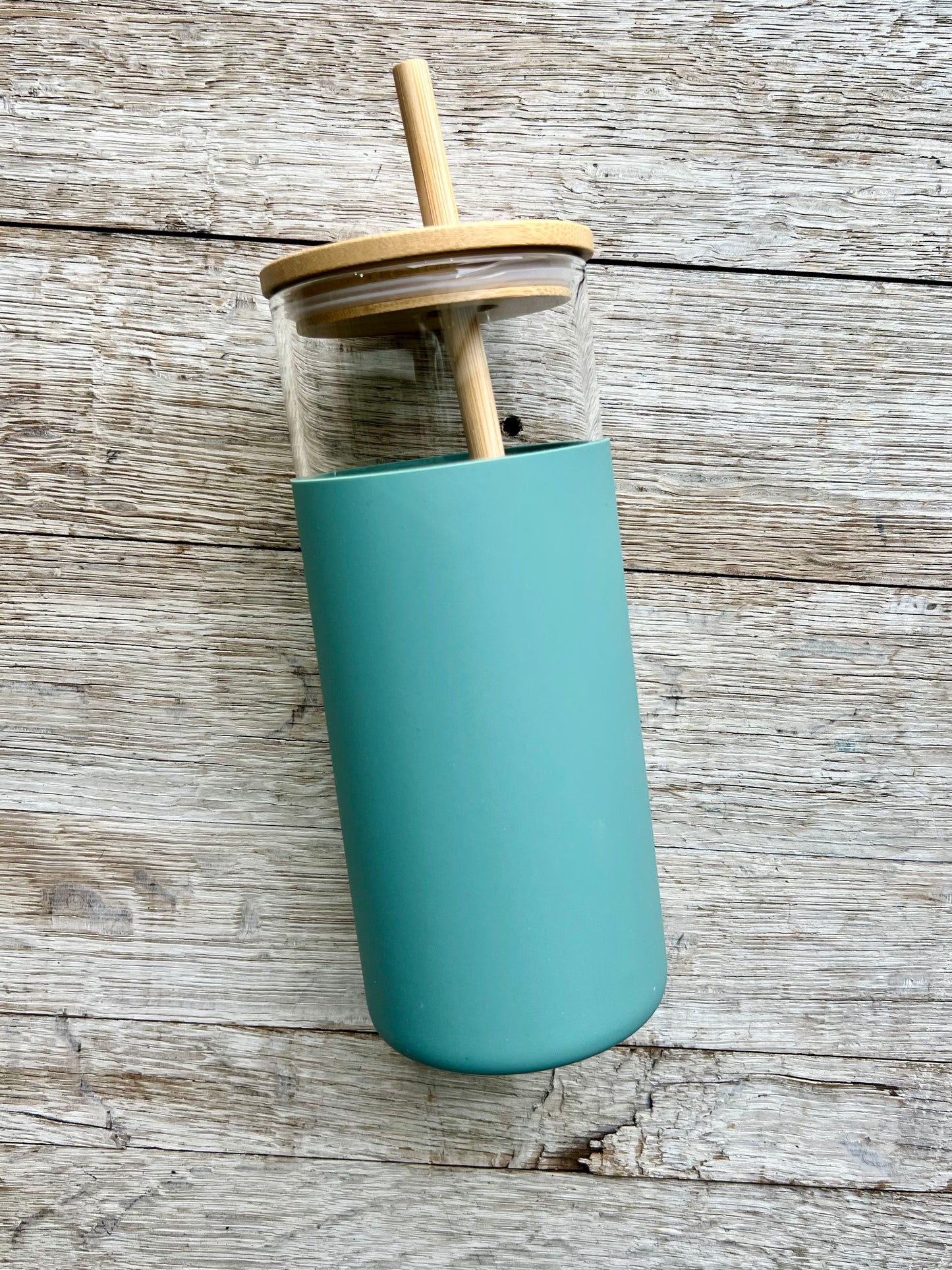 DISCONTINUED: Glass Tumbler w/Silicone Sleeve + Bamboo Lid/Straw