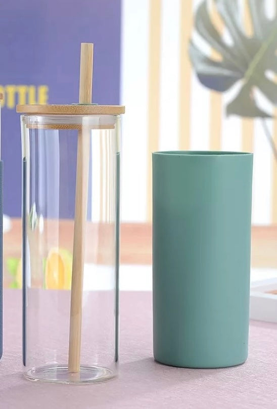 DISCONTINUED: Glass Tumbler w/Silicone Sleeve + Bamboo Lid/Straw