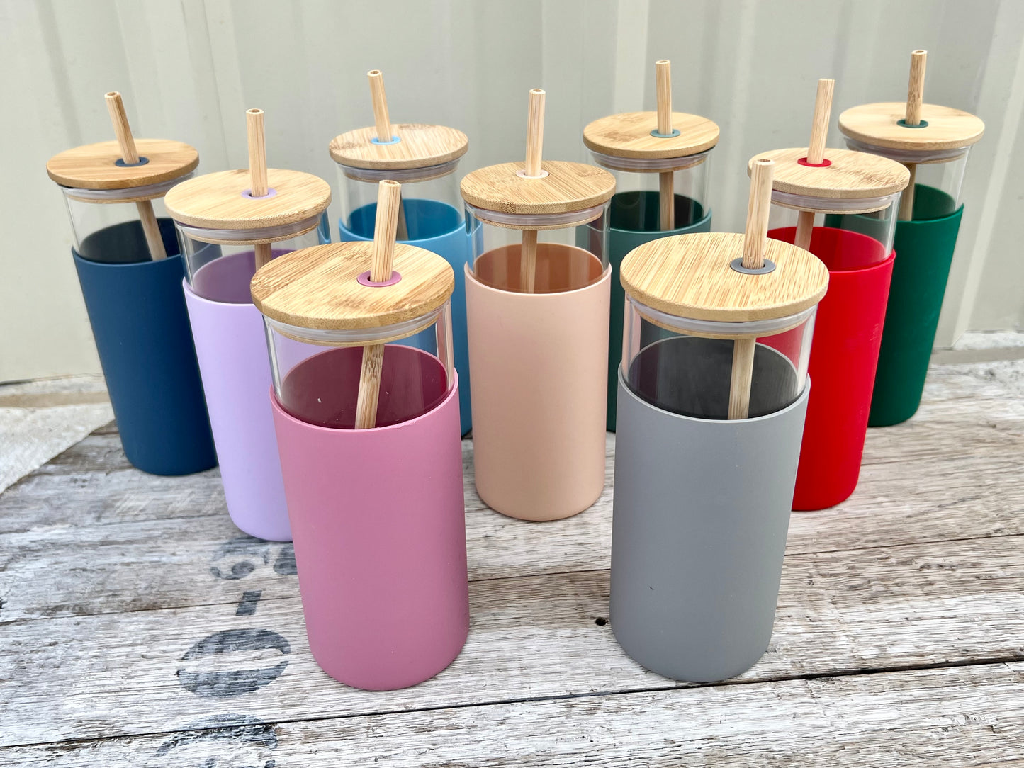 DISCONTINUED: Glass Tumbler w/Silicone Sleeve + Bamboo Lid/Straw