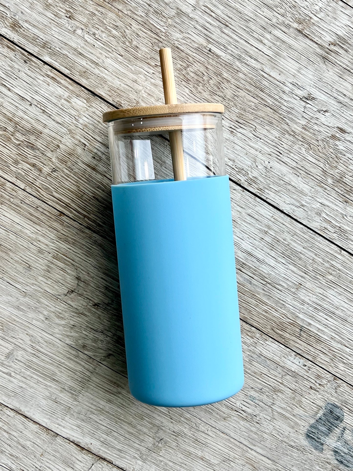 DISCONTINUED: Glass Tumbler w/Silicone Sleeve + Bamboo Lid/Straw