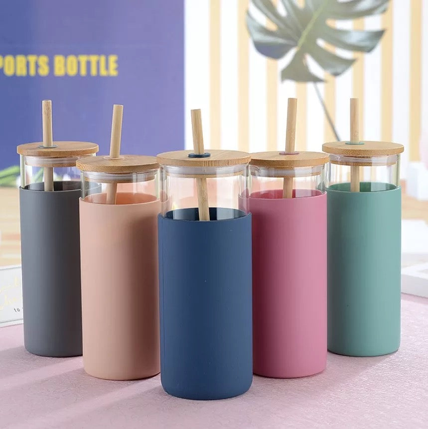 DISCONTINUED: Glass Tumbler w/Silicone Sleeve + Bamboo Lid/Straw