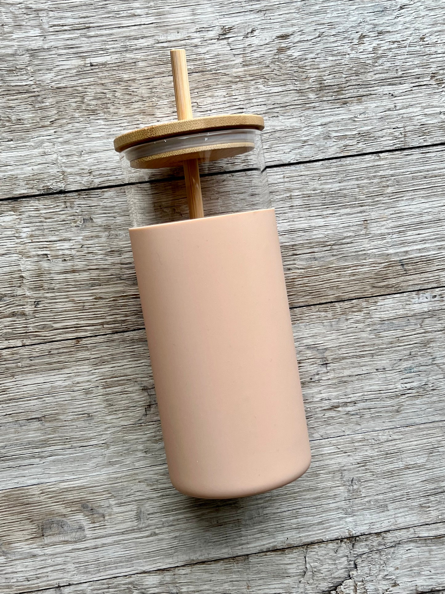 DISCONTINUED: Glass Tumbler w/Silicone Sleeve + Bamboo Lid/Straw