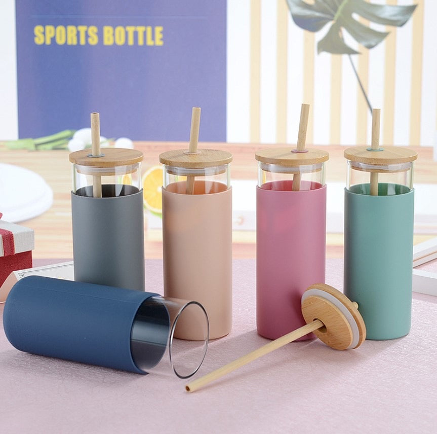 DISCONTINUED: Glass Tumbler w/Silicone Sleeve + Bamboo Lid/Straw