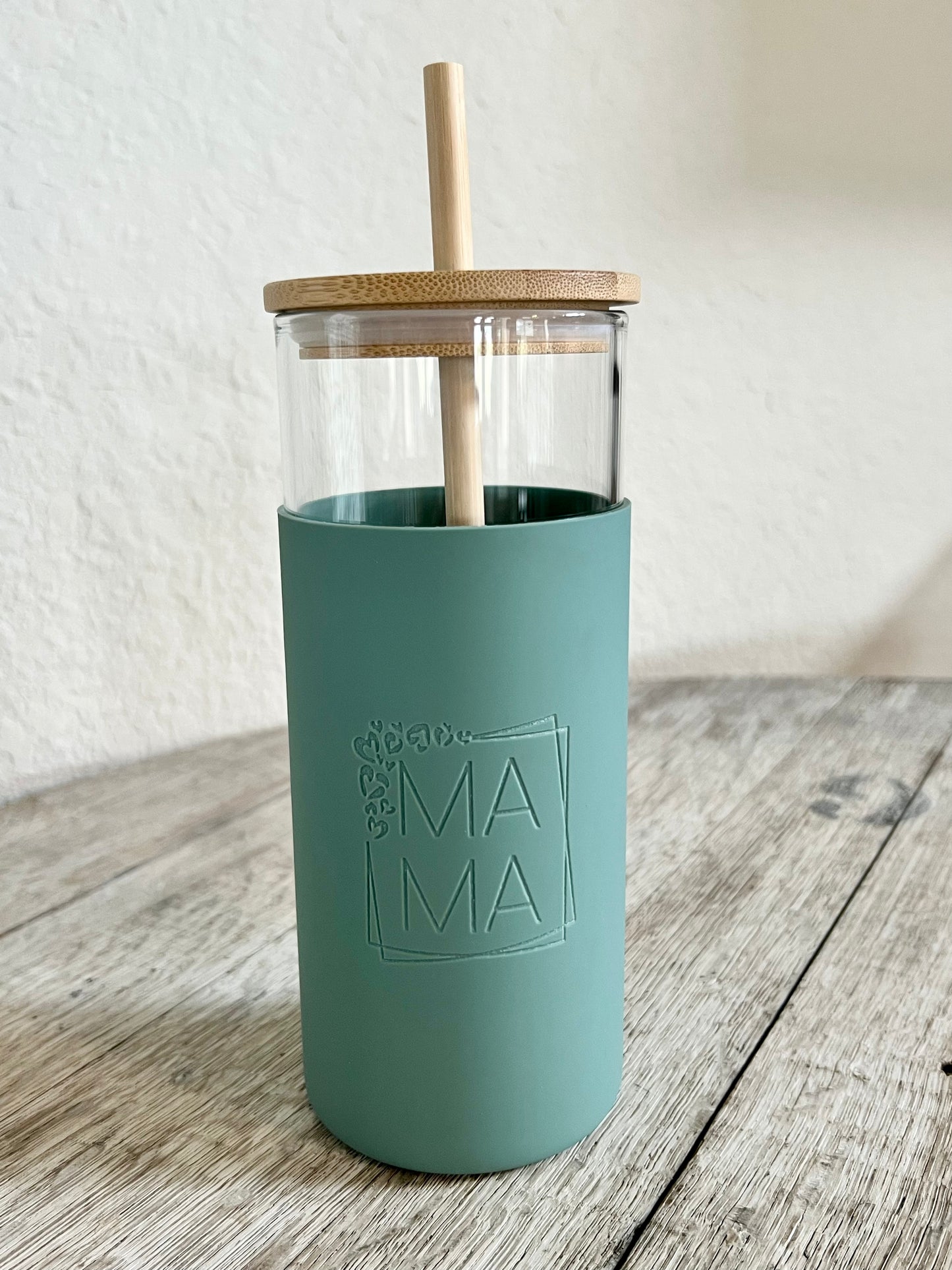 DISCONTINUED: Glass Tumbler w/Silicone Sleeve + Bamboo Lid/Straw