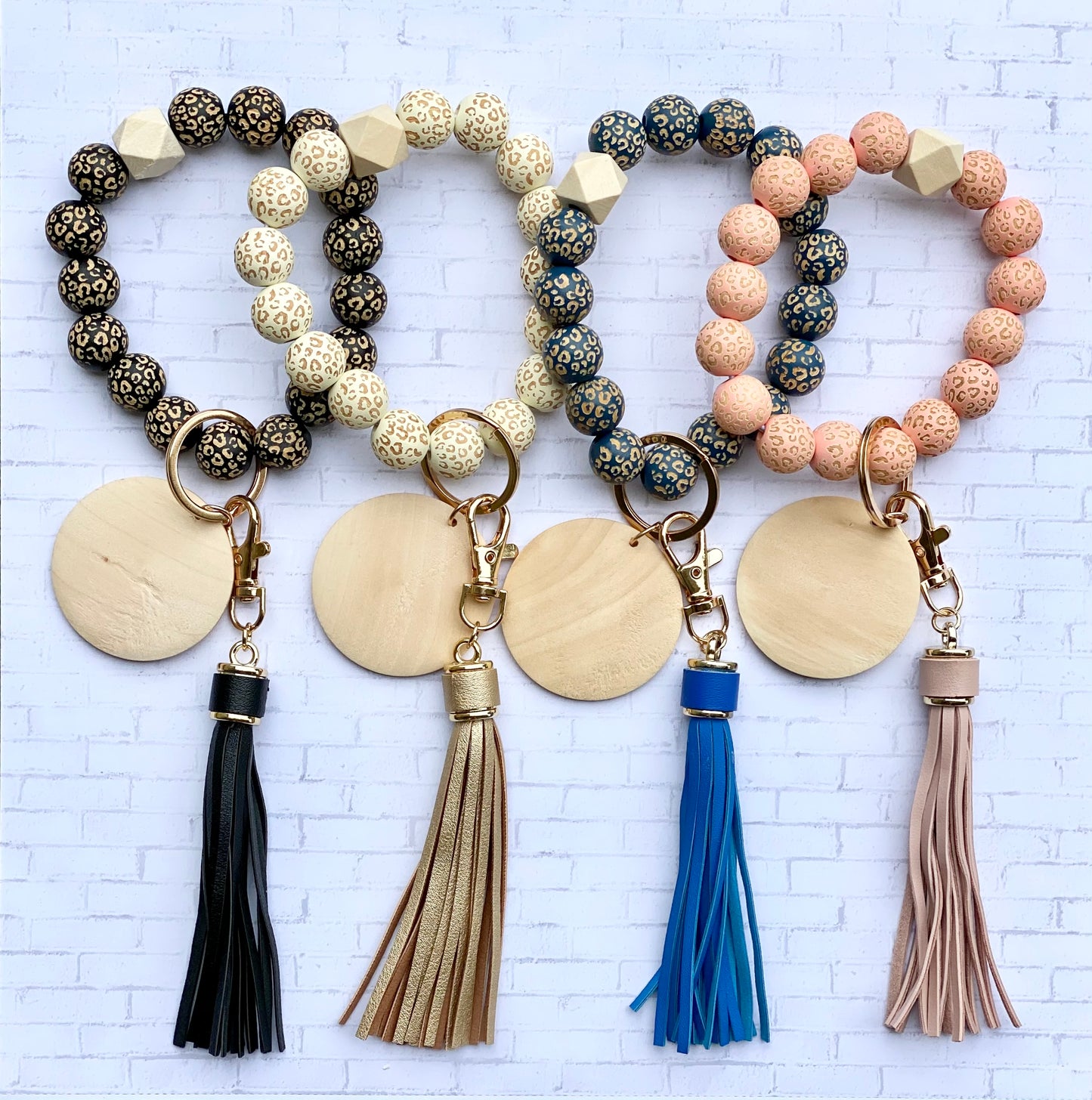 Leopard Wooden Beads Wristlet Blank - Faux Leather Tassel
