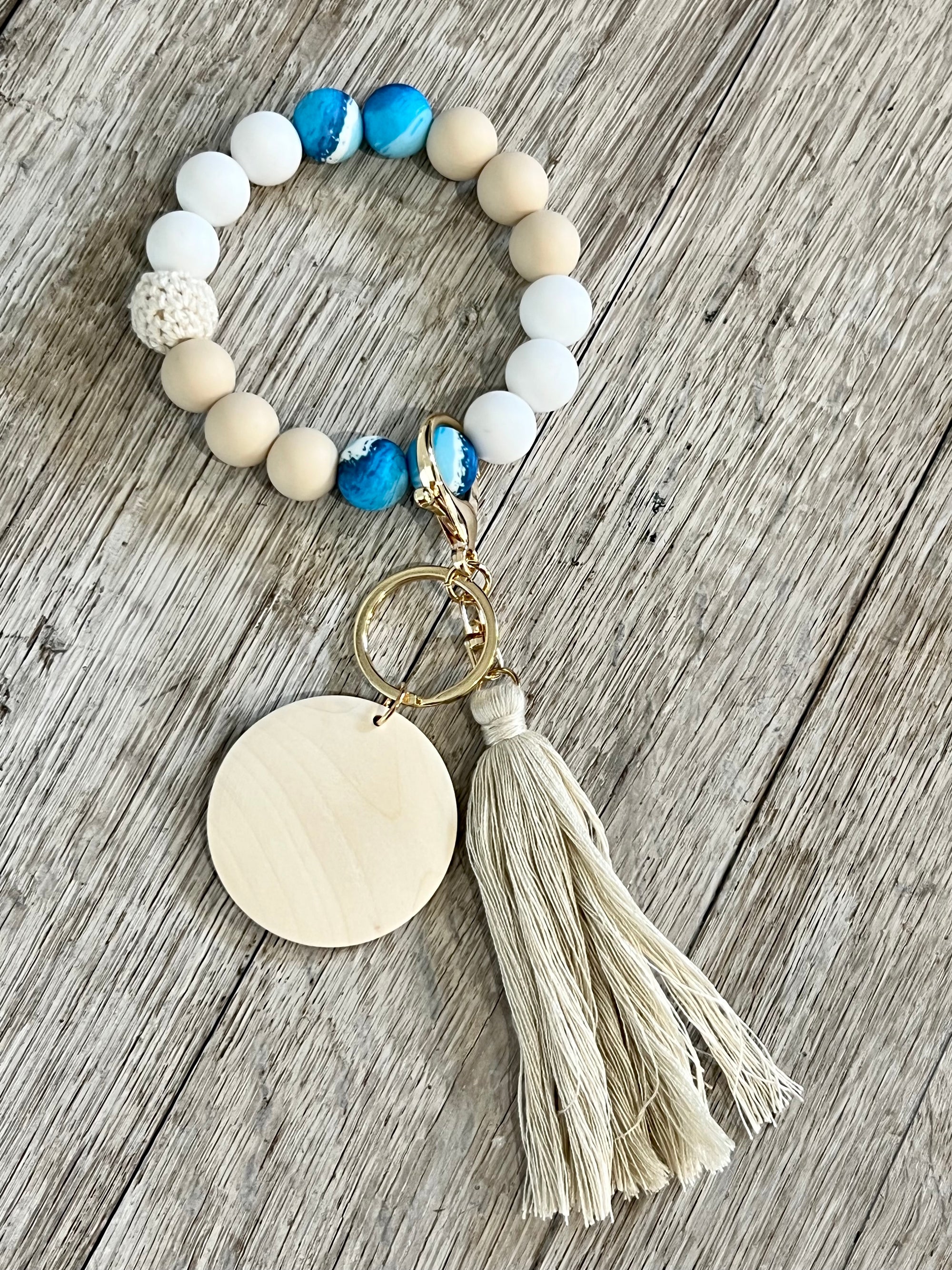 Boho Silicone Bead Tassel Keychain with Wooden Disc – Cows and Blanks
