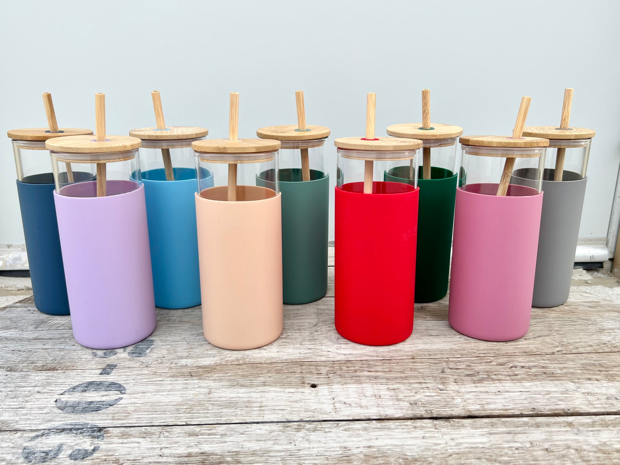 DISCONTINUED: Glass Tumbler w/Silicone Sleeve + Bamboo Lid/Straw
