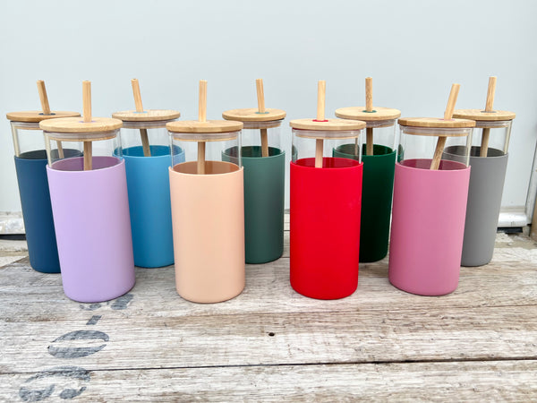 Glass Tumbler With Silicone Sleeve Bamboo Straw and Lid Engraved