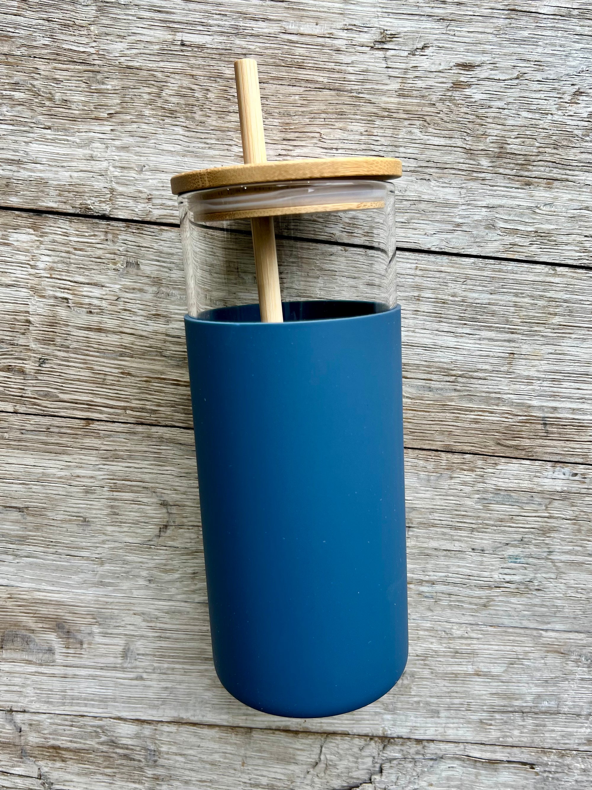 NAVY BLUE - 16OZ GLASS TUMBLER WITH SILICONE SLEEVE & BAMBOO LID & STRAW